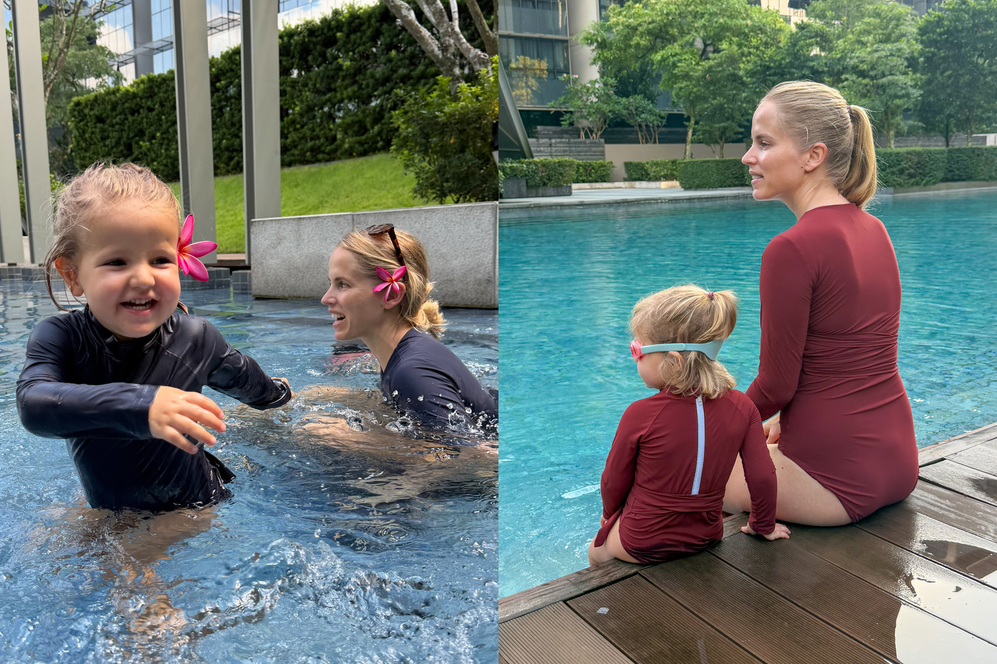 Two scenes of a woman and child by a pool, showing them in matching swimsuits with long sleeves.